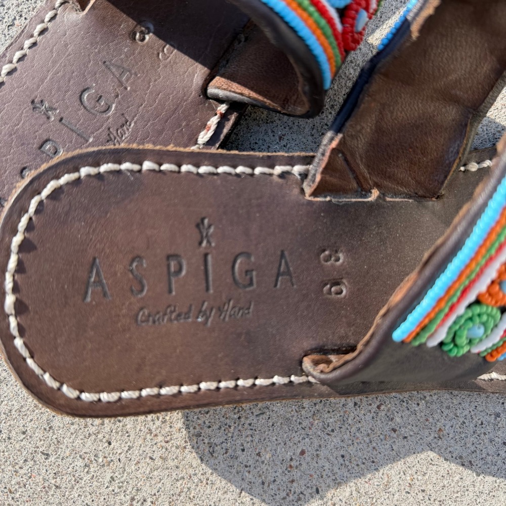 Aspiga Brown Leather Hand Crafted Beaded Toe Loop Sandals Boho Hippie Slides 39 - Picture 3 of 8